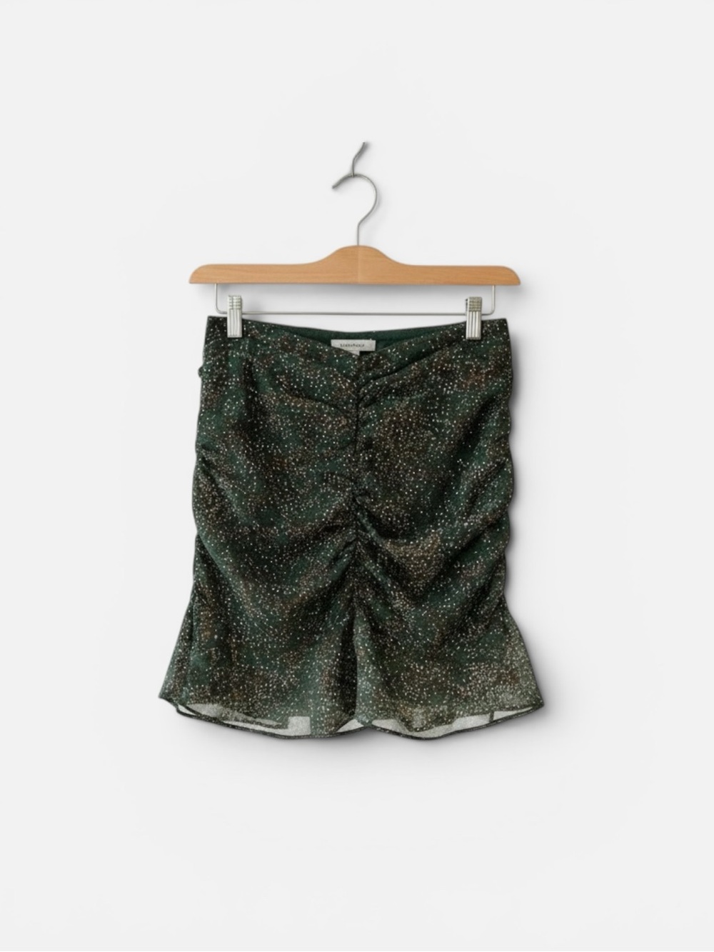 Storia Green ruched mini skirt with a speckled pattern
